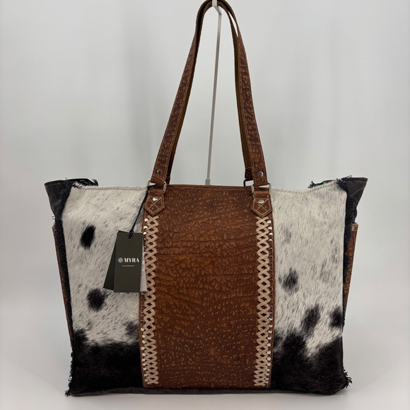 Myra Bag Handbags - Myra Bag Saddle Belle Weekender Bag Women Large Brown Cowhide Canvas S-12115